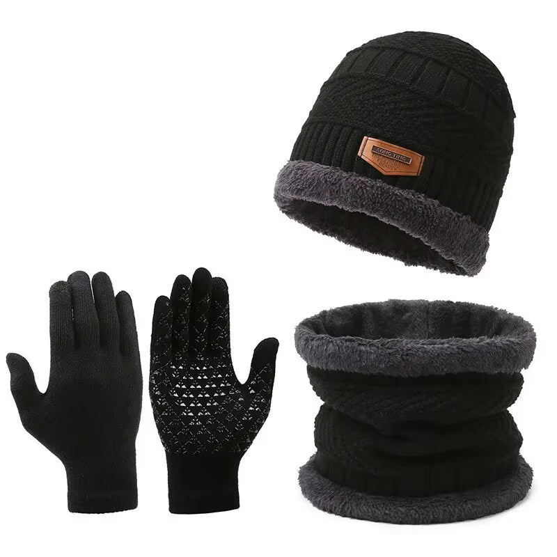 Men'S Windproof Hat Outdoor Travel Leisure Winter Scarf Gloves Three-Piece Neck One plus Cashmere Warm Winter Knitted Hat