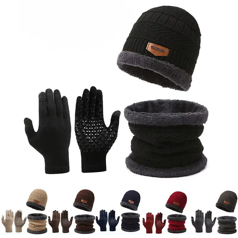 Men'S Windproof Hat Outdoor Travel Leisure Winter Scarf Gloves Three-Piece Neck One plus Cashmere Warm Winter Knitted Hat